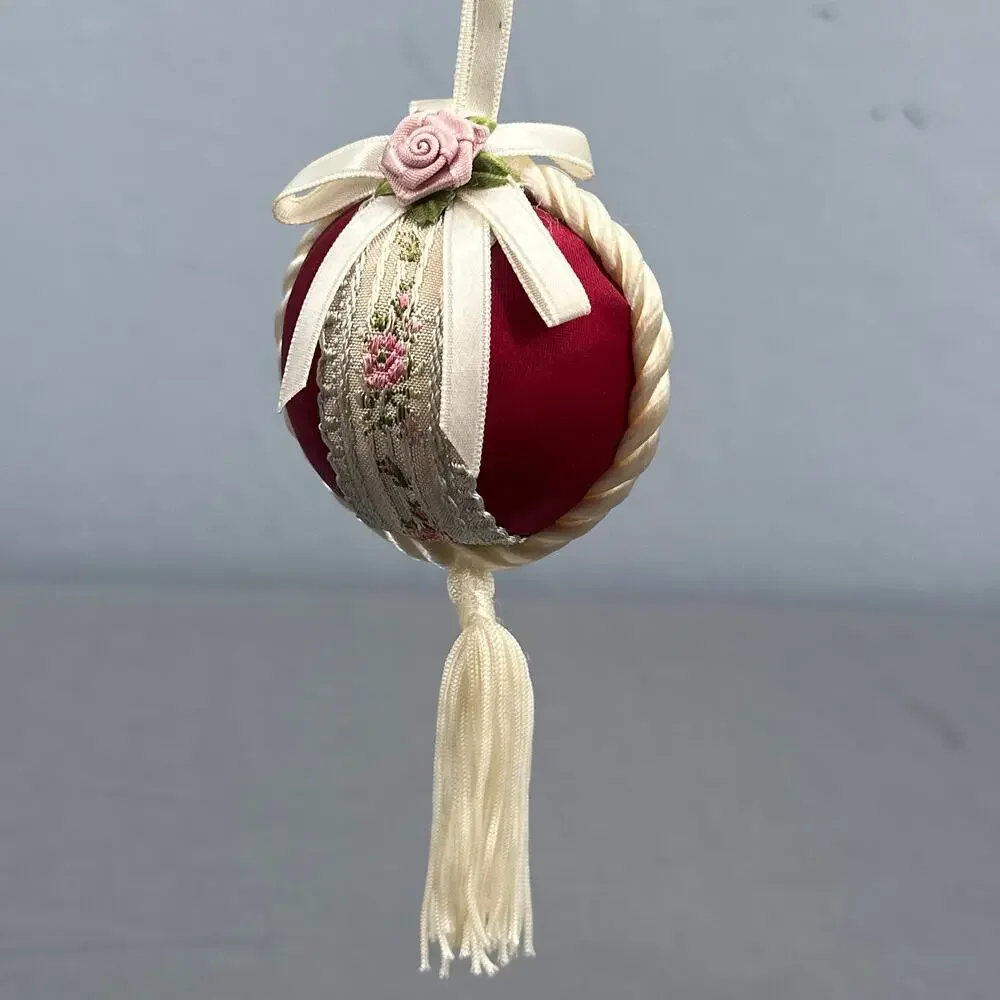 4 VTG Handmade Push Pin Satin Ball Ornament Bead Sequin Christmas ribbon Kitschy